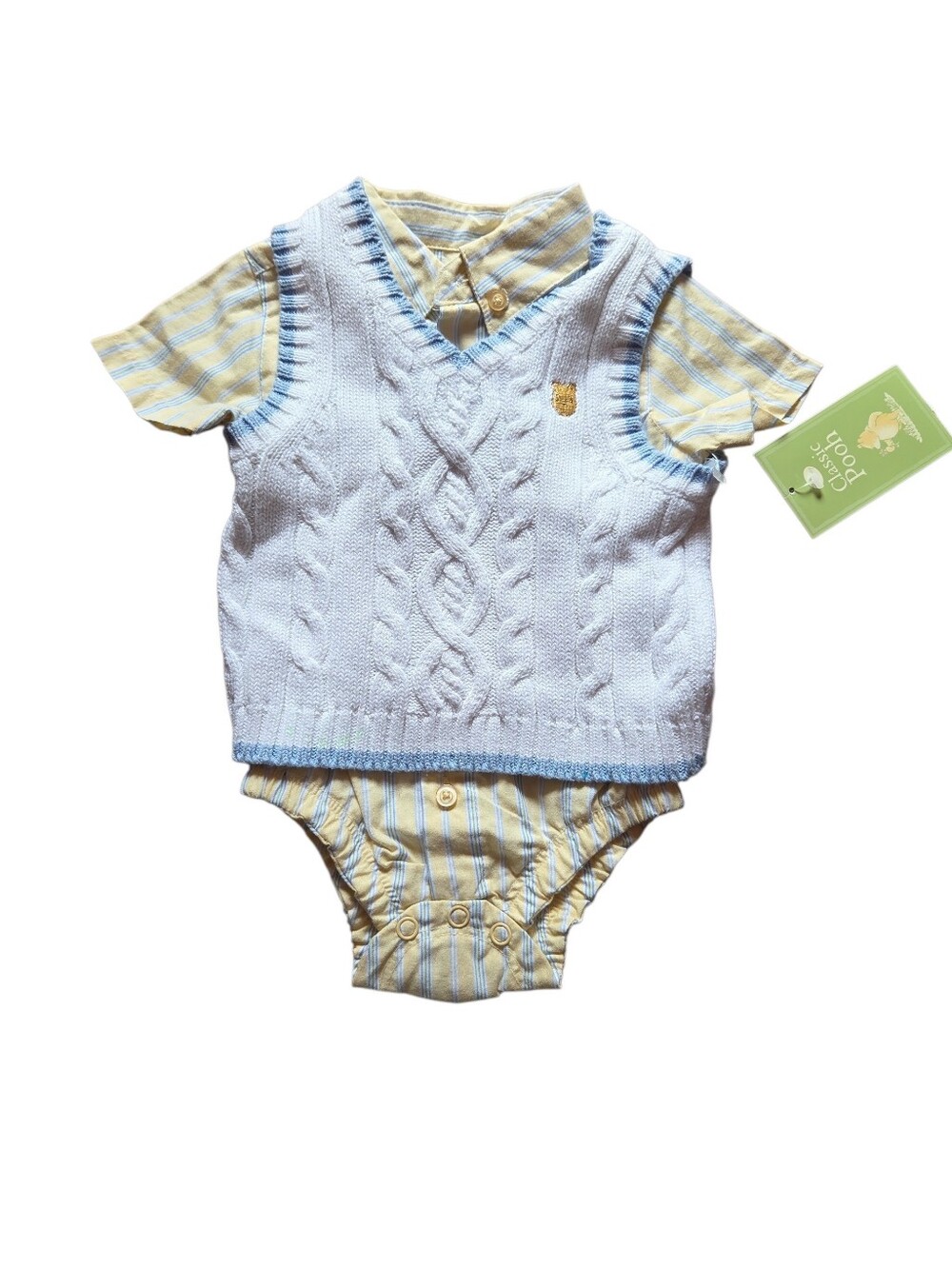 Pooh 2 Piece Striped Yellow And  blue  & White And Blue Baby Knit Vest Onesie -